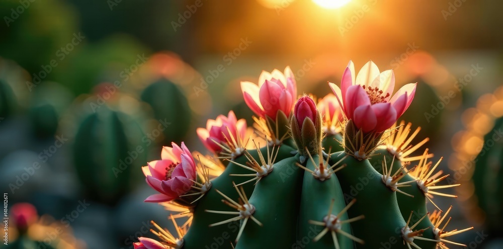 Prickly cactus flowers blooming in the evening light, evening, sunset, greenery Prickly cactus flowers blooming in the evening light, evening, sunset, greenery