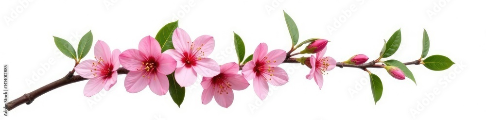 Single branch with flowers and leaves isolated on white background, organic, tree branch Single branch with flowers and leaves isolated on white background, organic, tree branch