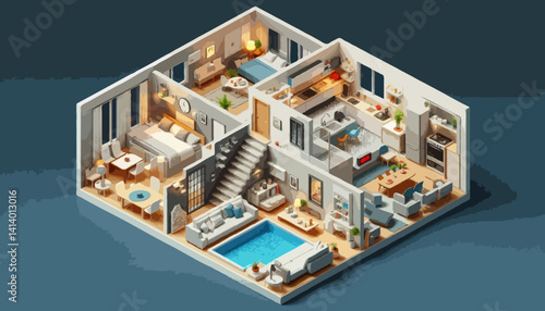 3d interior of modern house with kitchen, living room, bathroom and bedroom. Isometric illustrations set