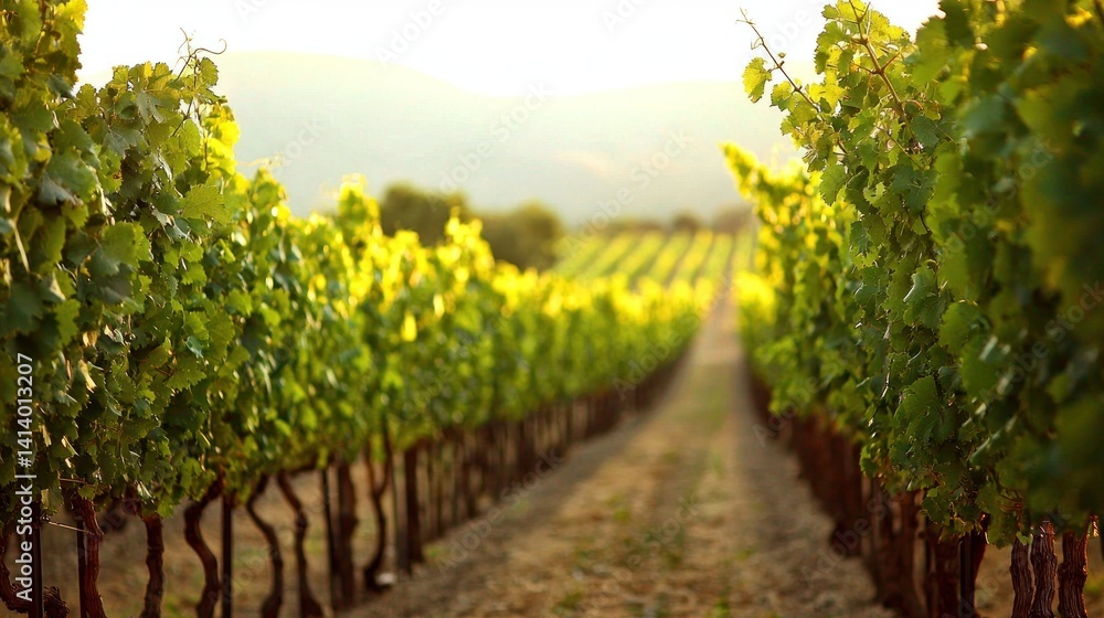 Naklejka premium Golden Hour Vineyard: Rows of Lush Grapevines Bathed in Sunlight