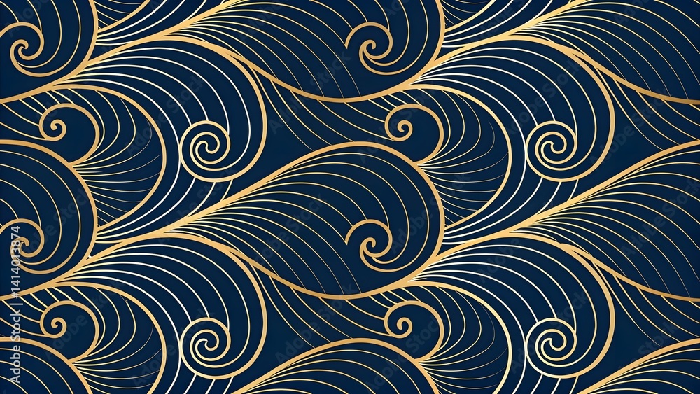 Elegant golden waves dancing on a midnight blue canvas, a luxurious art deco design. Elegant golden waves dancing on a midnight blue canvas, a luxurious art deco design.
