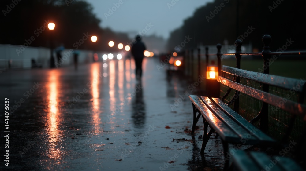 Fototapeta premium Silhouetted figure walks along wet path beside glowing streetlights and benches, creating a moody atmospheric scene.