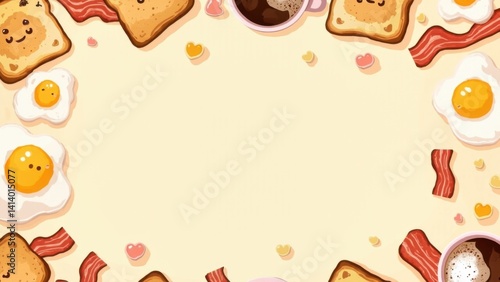 Kawaii breakfast group with toast and smiling eggs