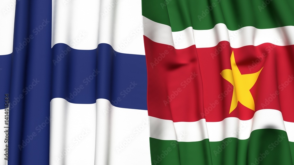 Fototapeta premium Flags of FINLAND and SURINAME with realistic cloth texture