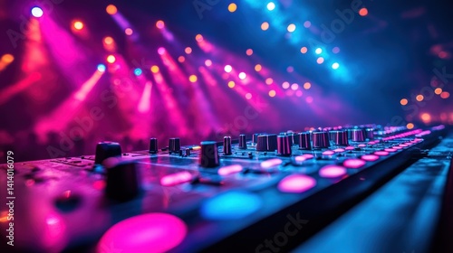 Vibrant Nightlife  DJ Mixer Console Under Colorful Stage Lights