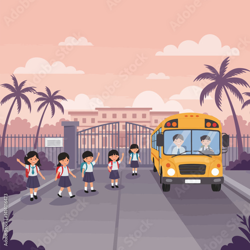 Children Arriving to School by Bus Waving Goodbye