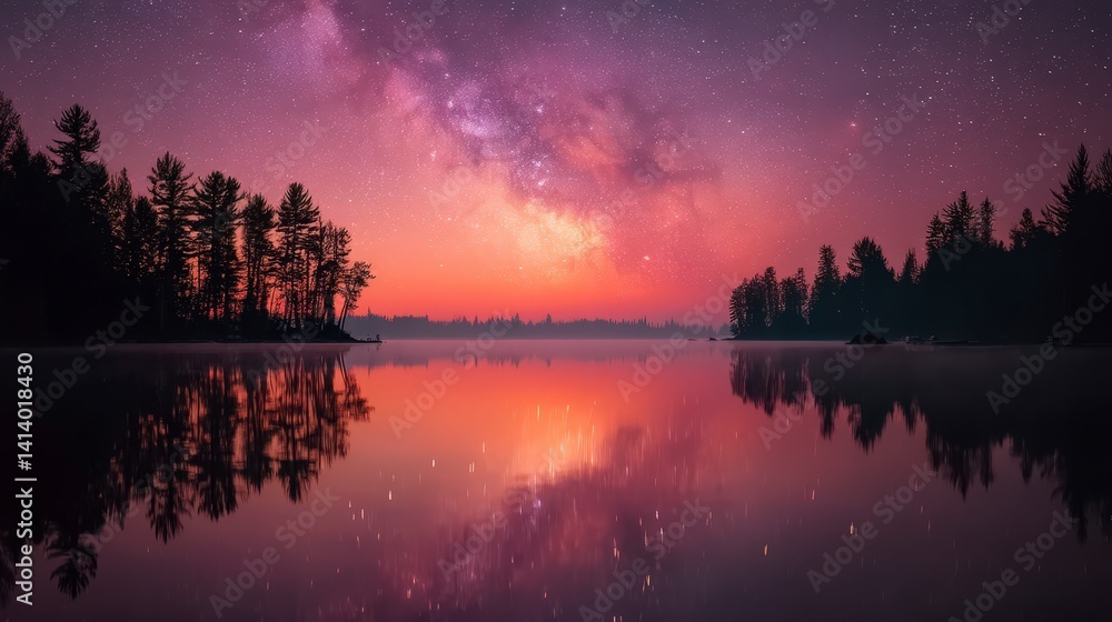 Fototapeta premium Milky Way Galaxy over Serene Lake Forest at Night
