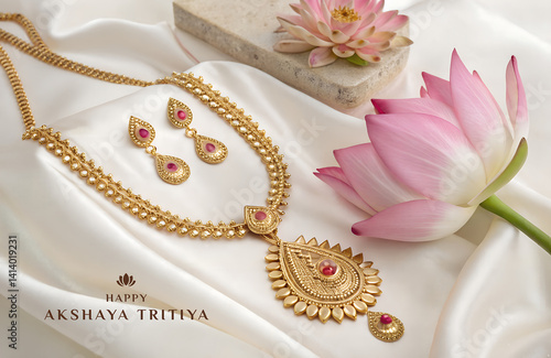 Akshaya Tritiya celebration wallpaper, necklaces and earrings are beautifully decorated with golden clouth.