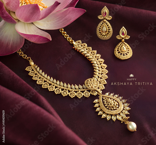 Akshaya Tritiya celebration wallpaper, necklaces and earrings are beautifully decorated Red cloth.