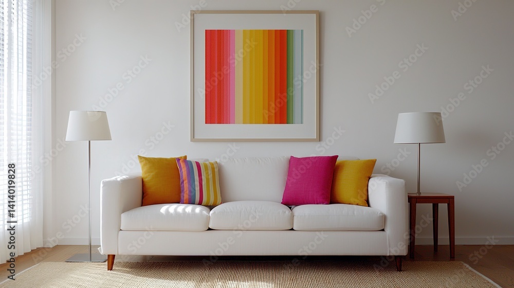 Fototapeta premium Modern living room design with bright colors cozy sofa minimalist style indoor bright home decor