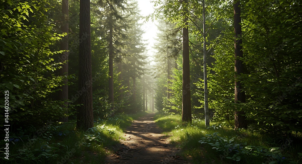 Obraz premium Walking Path Through Lush Green Forest with Sunlight Streaming Through Trees