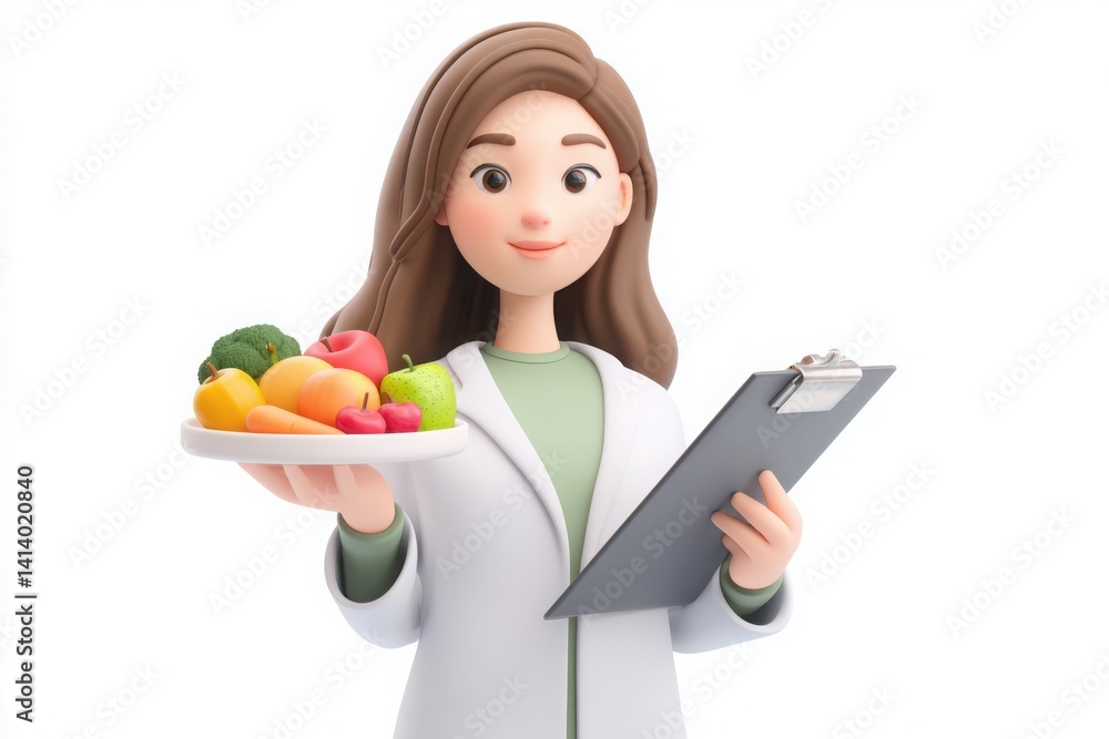 3D Render: Cartoon Dietitian Holding Fruits/Vegetables and Clipboard on White Background - Nutrition Advice, Healthy Eating Concept 3D Render: Cartoon Dietitian Holding Fruits/Vegetables and Clipboard on White Background - Nutrition Advice, Healthy Eating Concept