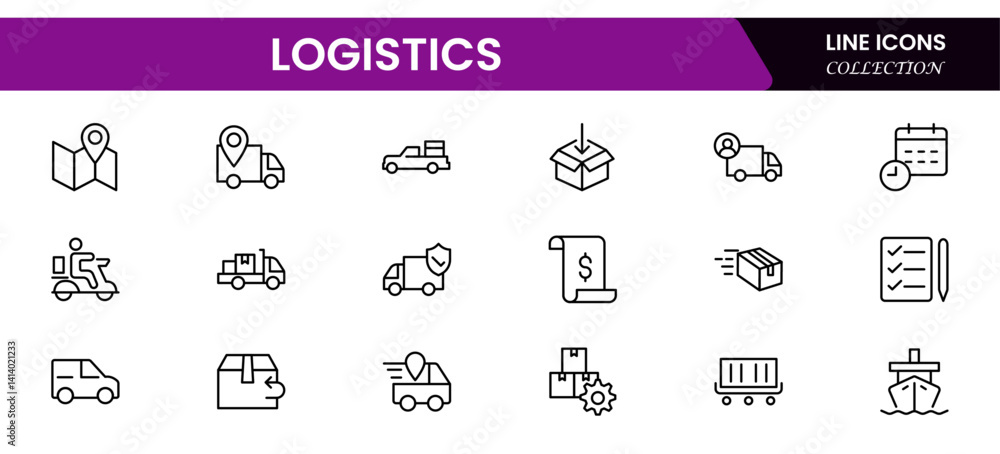 Fotografie Logistics Icon Set Featuring Transportation, Inventory, Packaging, and Route Pla