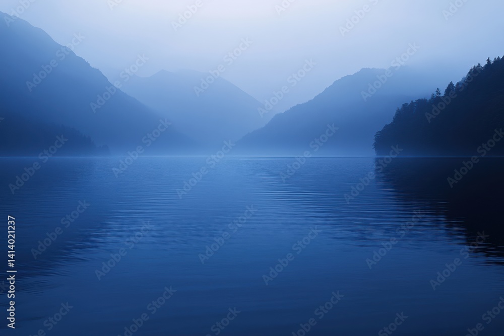 A serene landscape featuring a calm lake reflecting misty mountains under a soft blue and gray sky backdrop A serene landscape featuring a calm lake reflecting misty mountains under a soft blue and gray sky backdrop