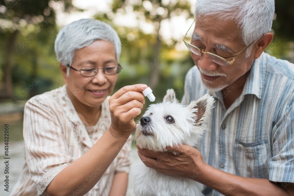 Senior couple giving eye drops to white dog in garden - Caring for pets, aging in place, pet care photography, bokeh background. Senior couple giving eye drops to white dog in garden - Caring for pets, aging in place, pet care photography, bokeh background.