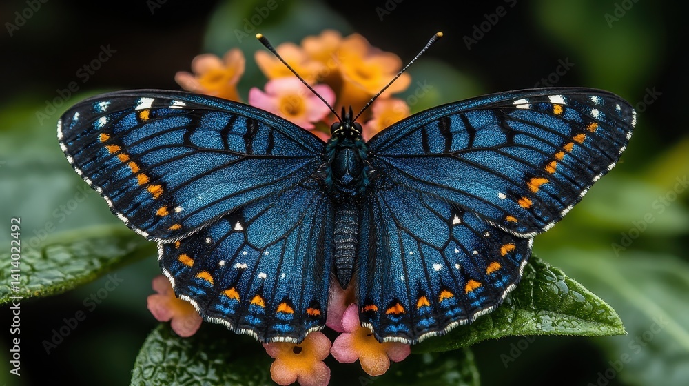 Fototapeta premium Strikingly beautiful blue butterfly perched on a vibrant flower cluster.