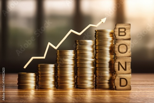 Investment Bonds Growth: Stacks of Coins, Wooden Blocks spelling BOND, Rising Arrow, Finance Concept - Warm Color Tone Photography
