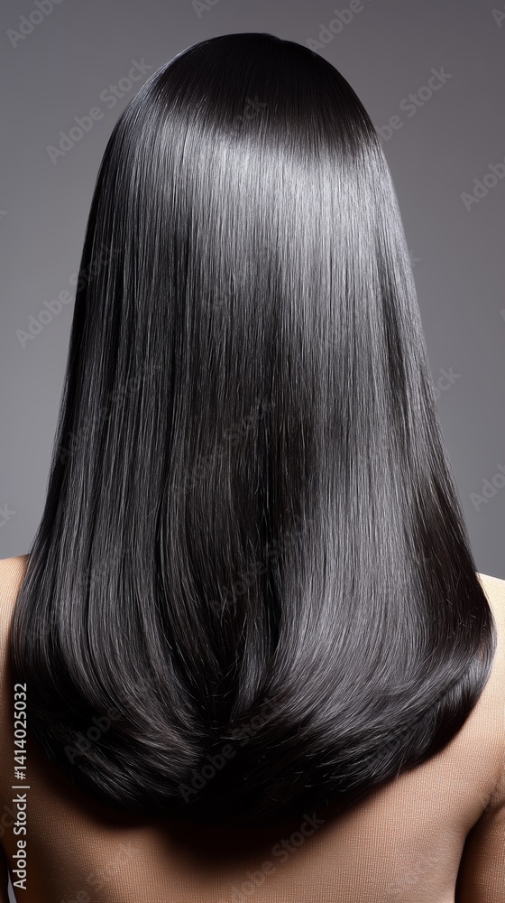 Naklejka premium Back view of straight, glossy black hair conveying beauty and care, perfect for hair care advertisements or salon promotions.