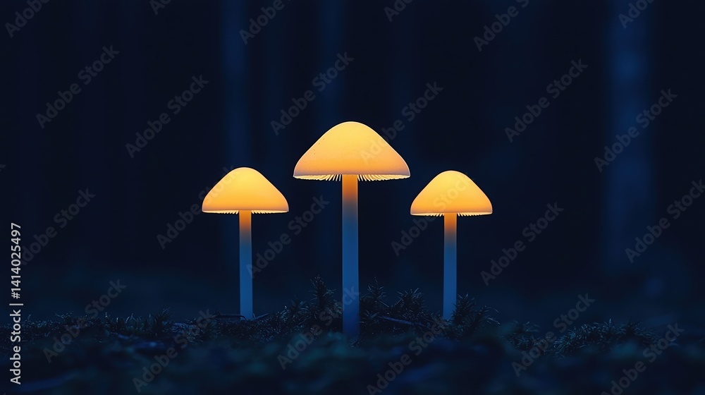 Fototapeta premium Glowing mushrooms illuminate a dark forest, creating an enchanting and mystical atmosphere.