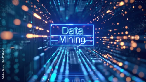 High-tech banner with the words “Data Mining” showing the process of extracting useful info from data.

