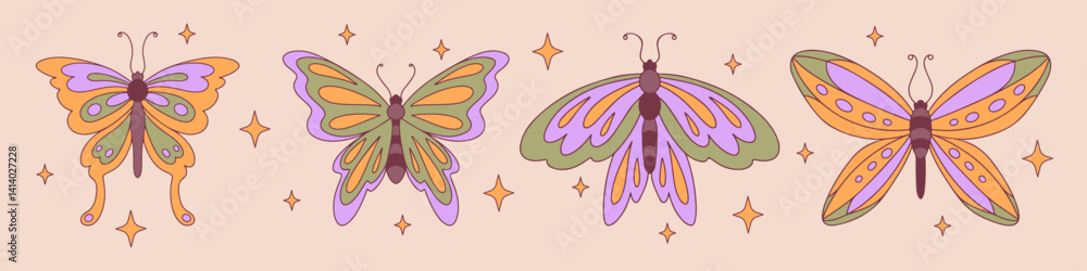 Φωτογραφία Groovy color butterflies set isolated on background