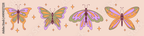 Groovy color butterflies set isolated on background. Vector cartoon illustration of beautiful vintage flying insects with colorful wings, design elements for old posters, symbol of peace, summer