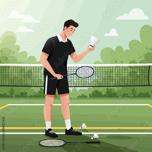 Man Preparing for Badminton Game on Outdoor Court