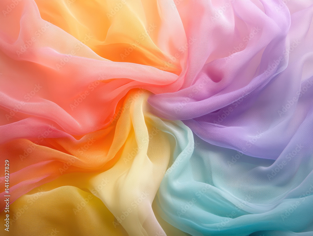 Fototapeta premium beautiful swirl of soft, colorful chiffon fabric in pastel shades of orange, yellow, green, and purple, creating serene and dreamy atmosphere