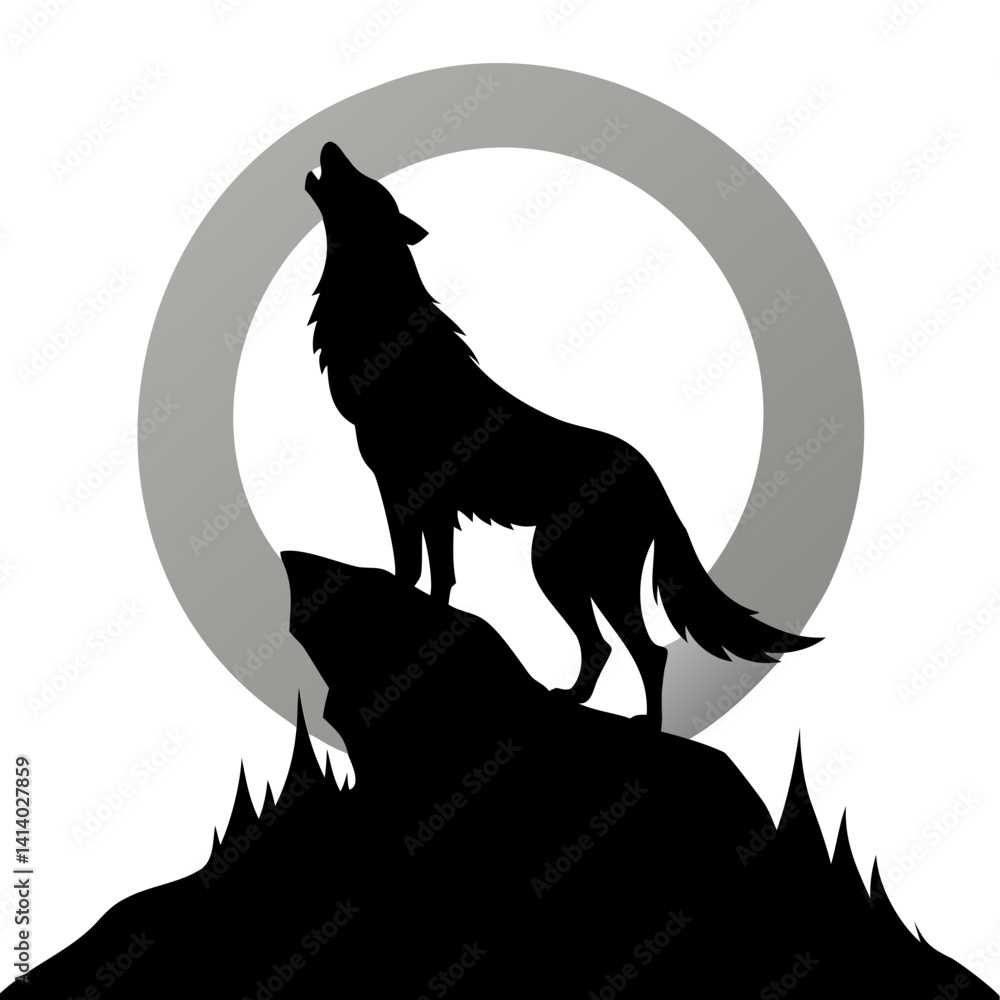 Obraz premium Black silhouette of a howling wolf on a rocky cliff under a full moon vector illustration isolated on a transparent background