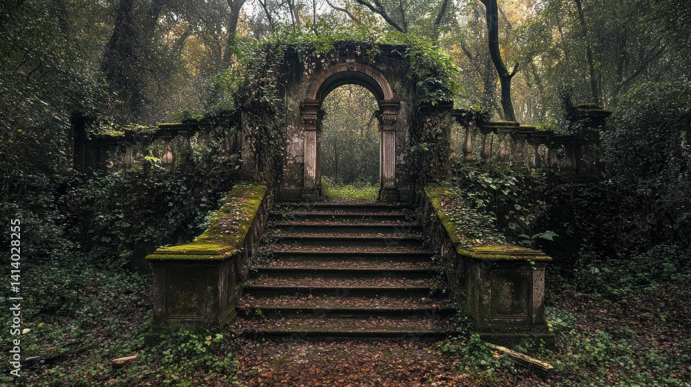 Fototapeta premium Overgrown Stone Archway and Steps in a Forest