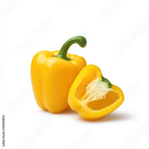 Yellow bell pepper and half on white background