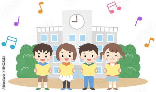 学校で歌う子供たちのイラスト