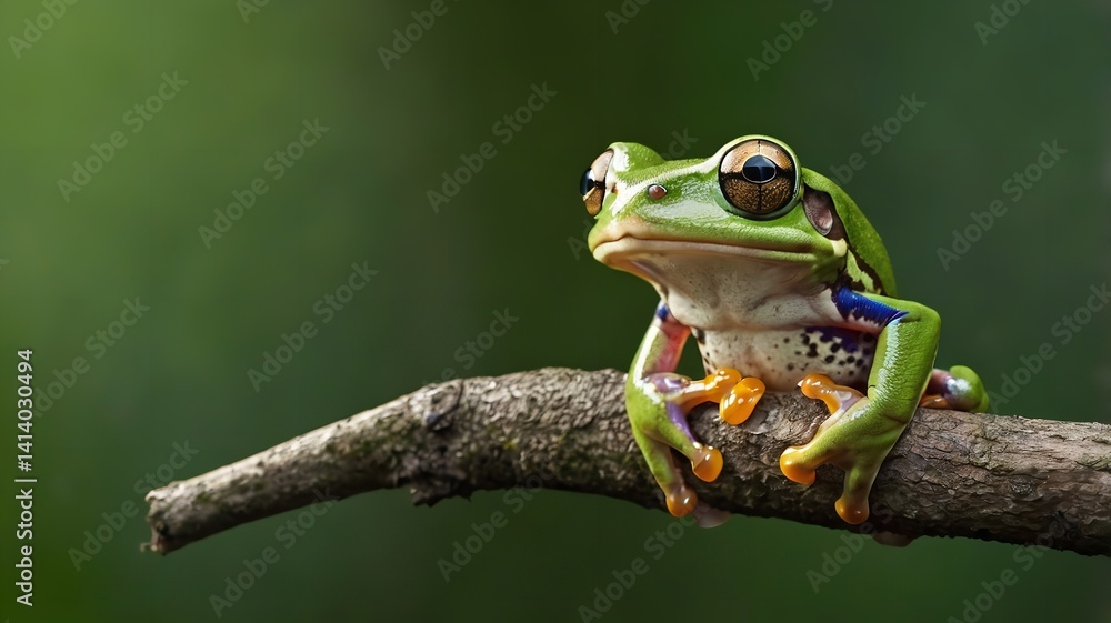Obraz premium Frog on tree branch flying frog laughing.