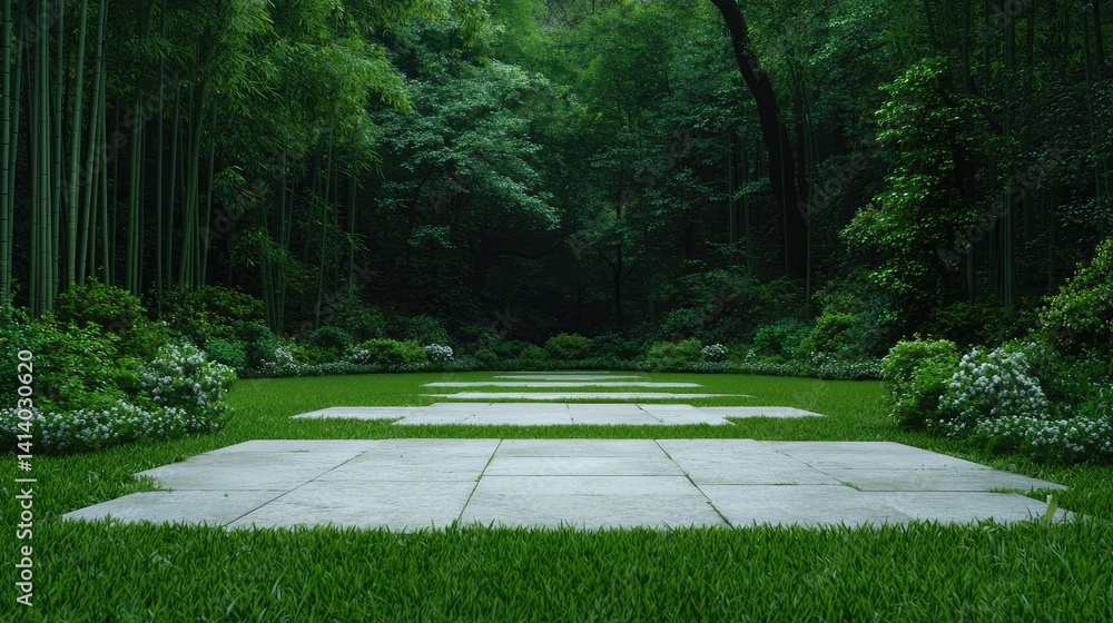 Fototapeta premium Serene garden path lush greenery tranquil nature landscape photography