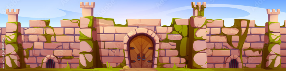 Fototapeta premium Mediaeval castle wall with wooden gate. Vector cartoon illustration of seamless ancient stone fortress with arch doorway, citadel towers, green moss between bricks, old palace, kingdom architecture