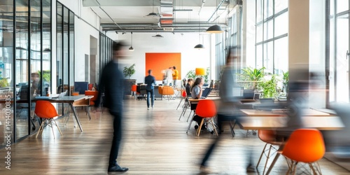 Long exposure shot. A dynamic office with blurred movement and activity, promoting collaboration in a modern workspace