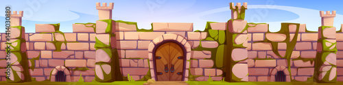 Mediaeval castle wall with wooden gate. Vector cartoon illustration of seamless ancient stone fortress with arch doorway, citadel towers, green moss between bricks, old palace, kingdom architecture