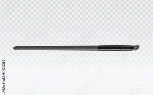A sleek, dark gray or black eyeliner brush lies horizontally against a transparent light gray checkered background. The brush has a slender handle and a defined tip, suggesting precision for makeup 