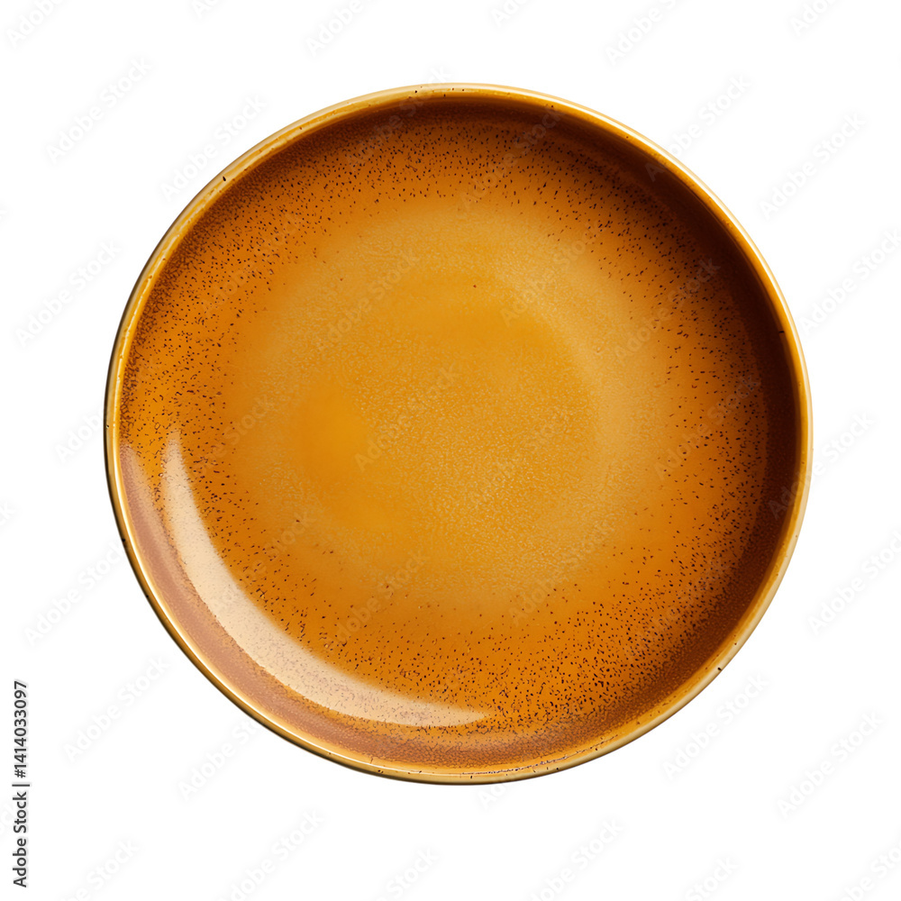 Round ceramic dinner plate with a warm ochre glaze and natural speckled finish captured from above in a clean and detailed look on a transparent background