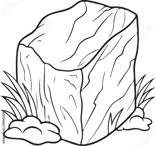 Black and white illustration of a textured rock with grass.