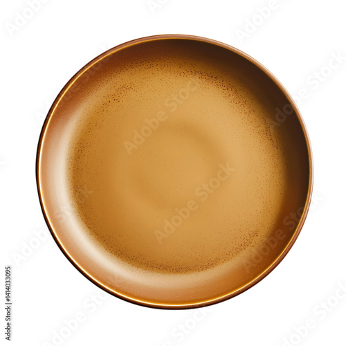 Round ceramic dinner plate with a warm ochre glaze and natural speckled finish captured from above in a clean and detailed look on a transparent background