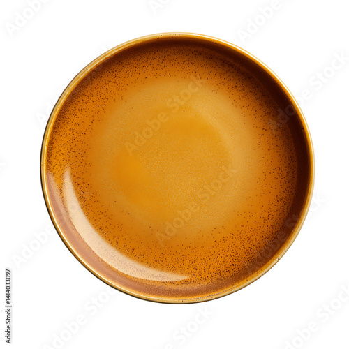 Obraz na płótnie Round ceramic dinner plate with a warm ochre glaze and natural speckled finish captured from above in a clean and detailed look on a transparent background w salonie