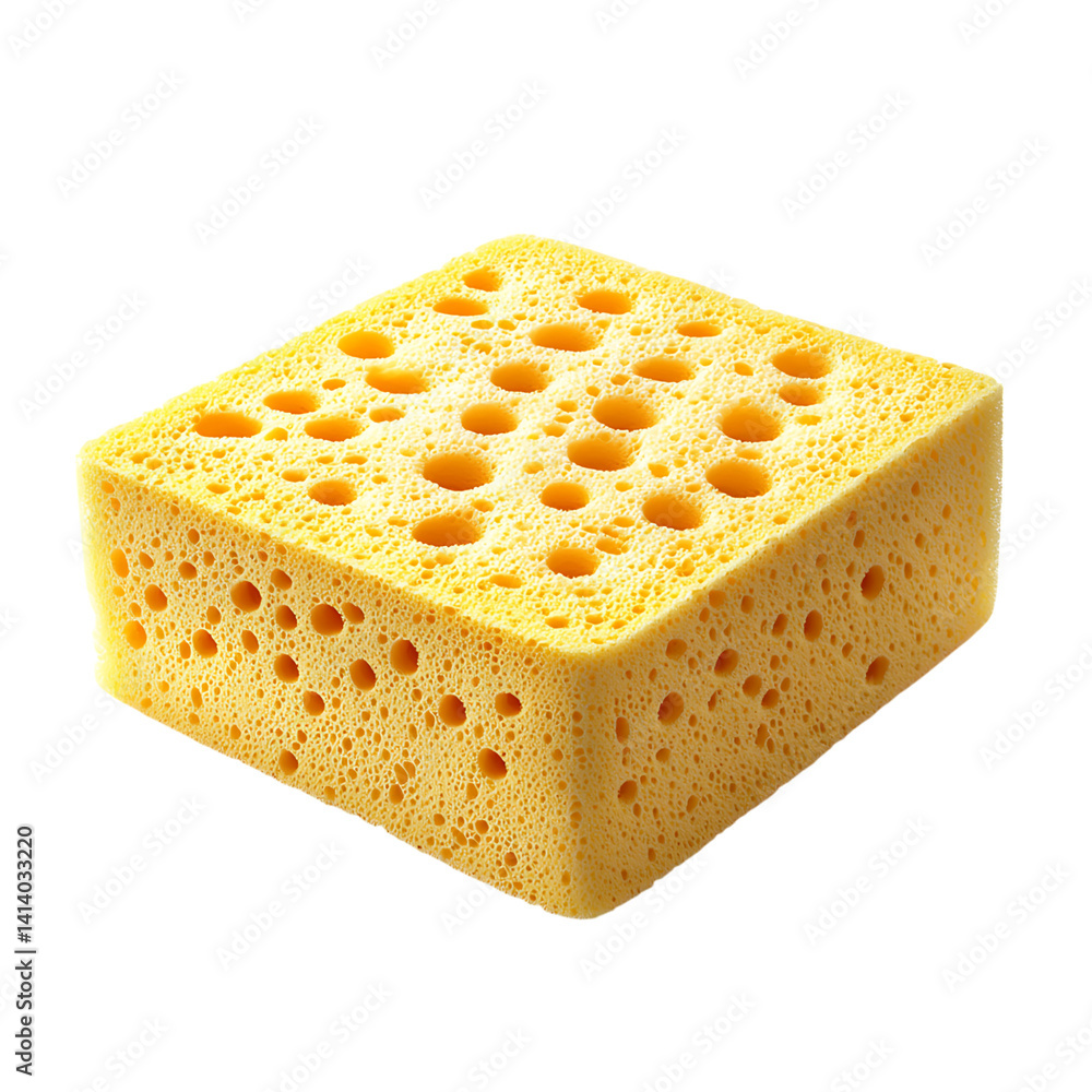 Yellow cleaning sponge with visible porous surface and rectangular form shown at slight angle with sharp texture and clean edges on a transparent background