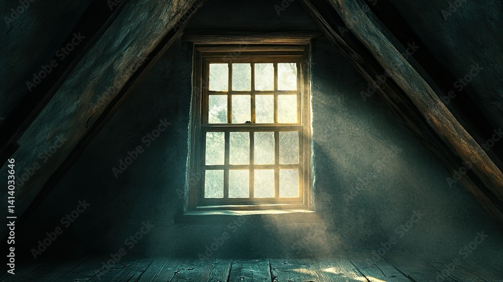 Old wooden attic window with eerie lighting, spooky and mysterious haunted house atmosphere illustration Old wooden attic window with eerie lighting, spooky and mysterious haunted house atmosphere illustration