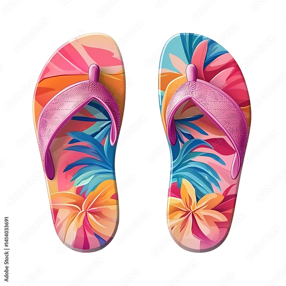 Pair of vibrant beach flip flops upright side by side on a transparent background