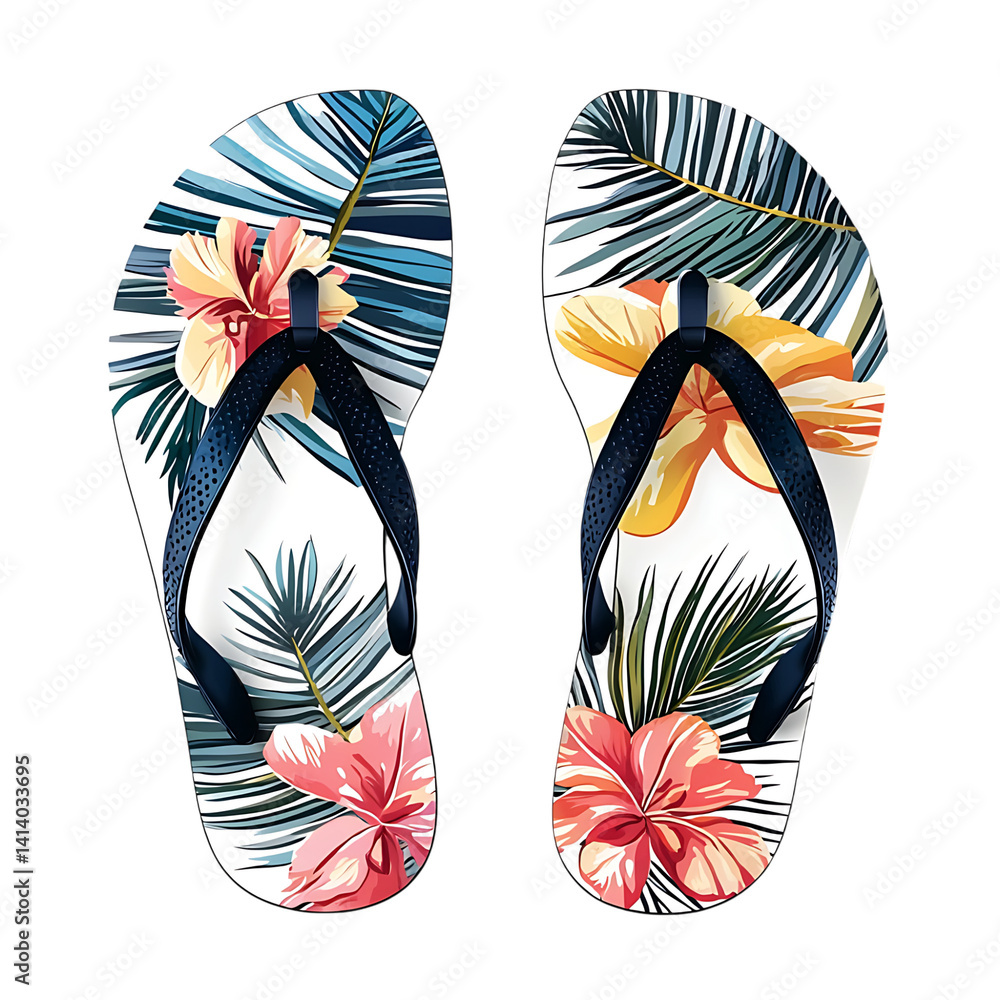 Pair of vibrant beach flip flops upright side by side on a transparent background
