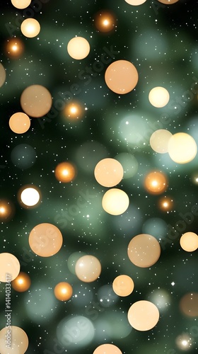 Golden and White Bokeh Lights on Dark Green Background