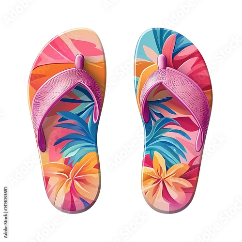 Obraz na płótnie Pair of vibrant beach flip flops upright side by side on a transparent background w salonie