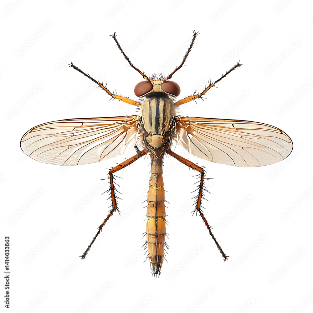 Realistic gall fly insect with fine hairy body long legs large eyes and outspread translucent wings shown from above on a transparent background