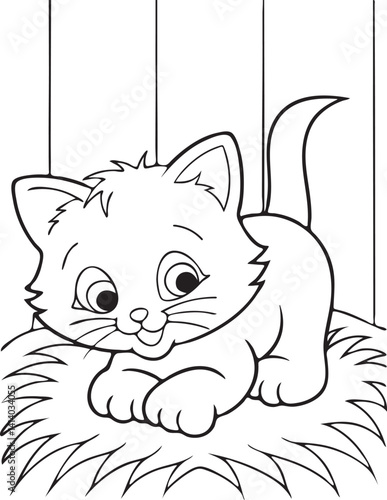 Cute cartoon kitten coloring page in a nest.